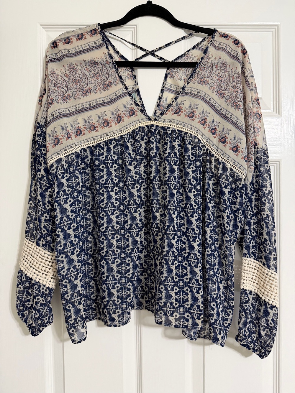 Maurices Navy and Cream Mixed Print Peasant Top
